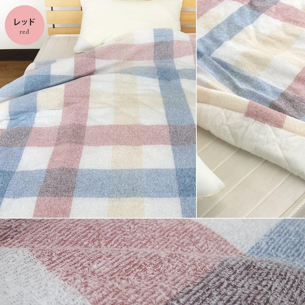 Rivere Towel Quilt, Single, Checkered Pattern, Cotton-Filled Gauze, Washable, Moisture-Wicking, Quick-Drying (Red)