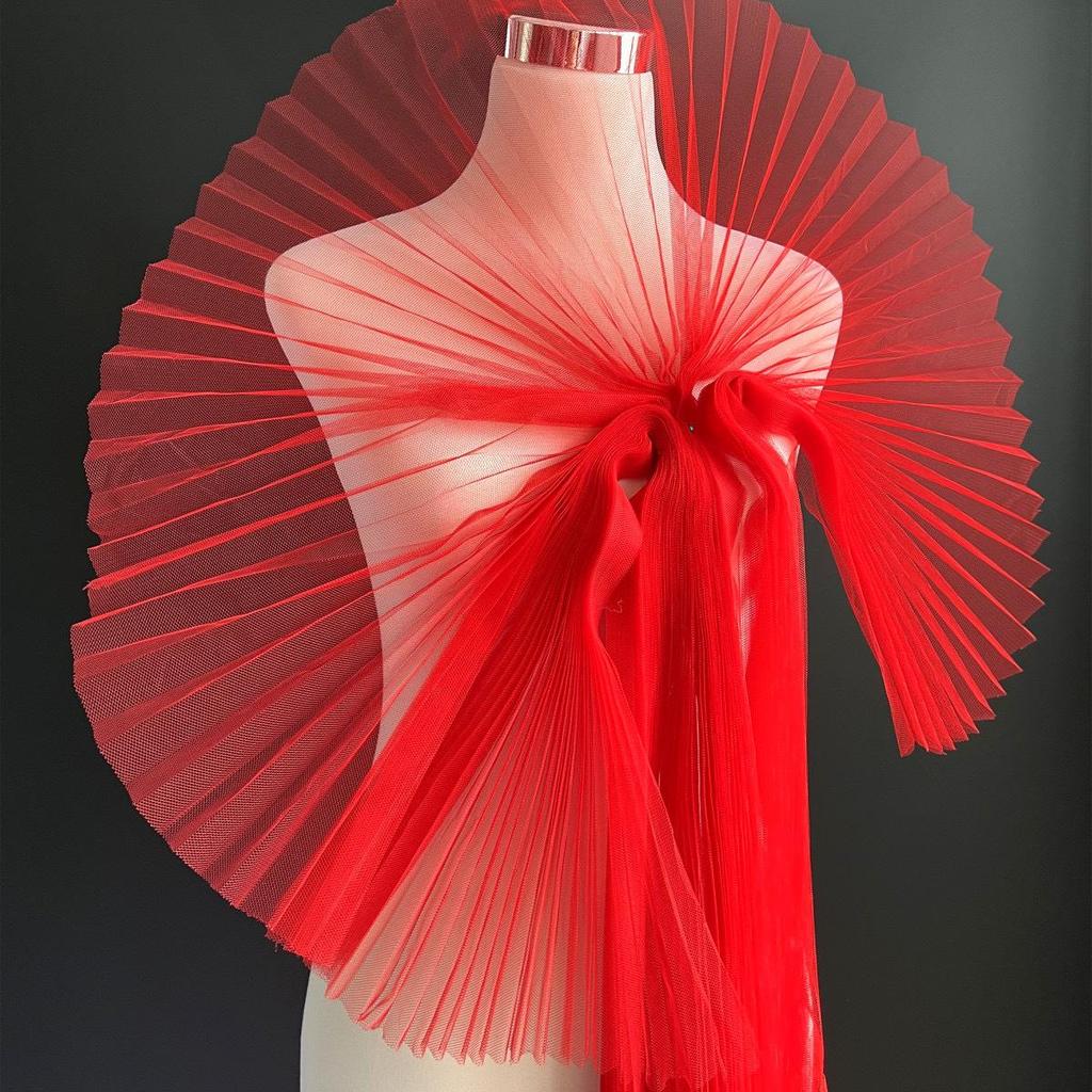 Graduated Designer Handmade Textured Stiff Net Yarn Pleated Fabric