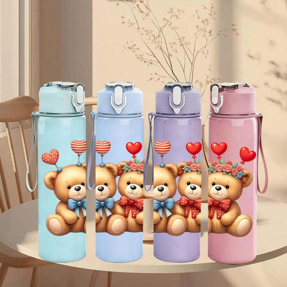 1PC Twin Love Teddy Bears 750ml Color Plastic Sports Water Bottle Leakproof Flip Straw Lid Suitable for Sports Office Home Use