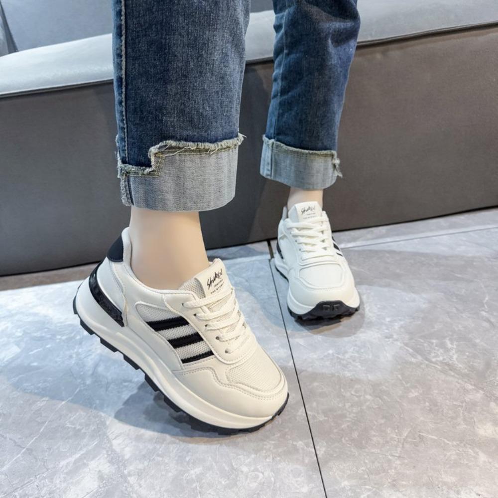 Thick Sole 2025 New Summer Autumn Women's Casual Board Shoes Spliced Sports Leather Surface Student Shoes