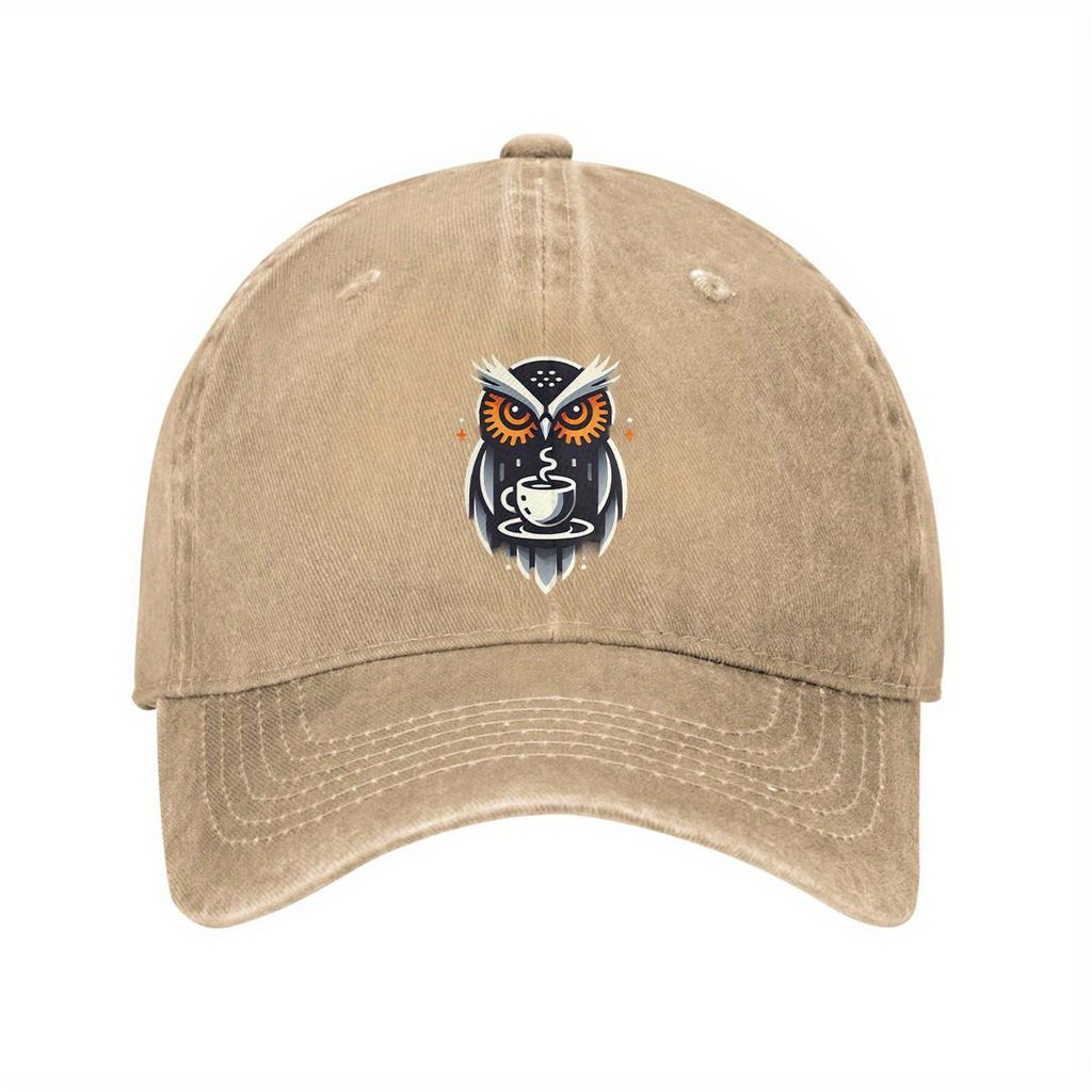 Coffee Owl Graphic Baseball Cap Vintage Washed Cotton Adjustable Unisex Casual Hat