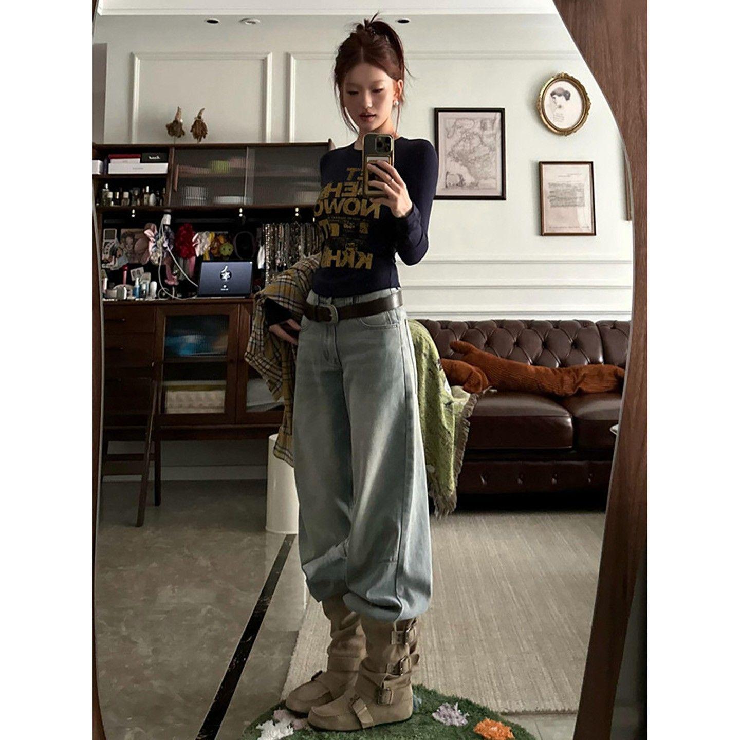 Korean Fashion Print Slim High-Waisted Long-Sleeve T-Shirt for Women - Versatile Slim-Fit Casual Base Layer Small темно-синий