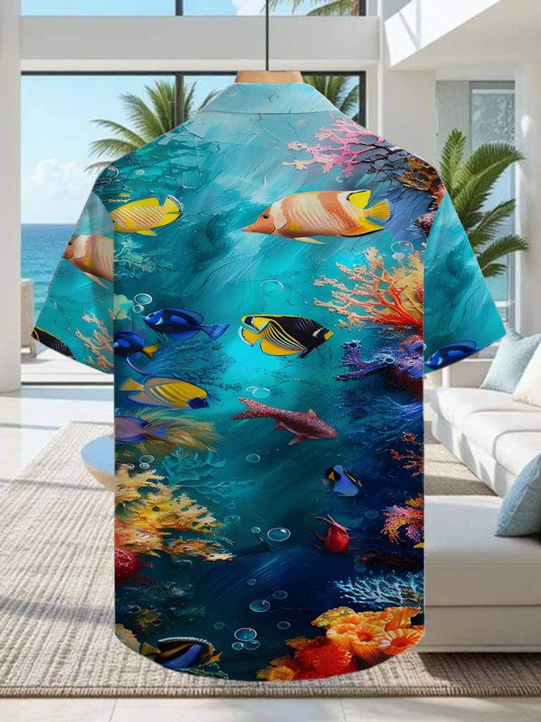 Herren Casual Hemd mit Unterwasserwelt-Print im tropischen Stil - Kurzärmelig, Knopfleiste, Helle Farben, Geeignet für Outdoor und Freizeit