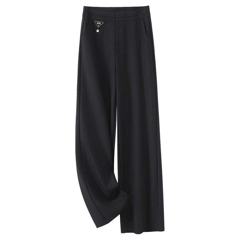 2025 Spring Women's High-End Wide-Leg Black Drape Pants - Casual High-Waisted Straight-Leg for Spring & Autumn