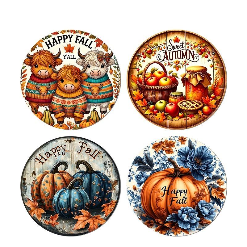 1pc/4pcs Aluminum Decorative Hanging Plaques and Ornaments Sign, Farmhouse Autumn Wall Decor, Happy Fall Highland Cow, Blue Pumpkin & Sweet Harvest