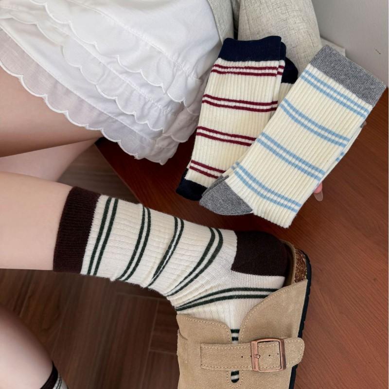 Womens Winter Mid-Calf Striped Compression Socks Casual Sport Crew Students Couples Warm Wool Blend Stackable