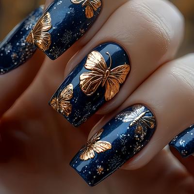 24PCS Simple Dark Medium Square Press On Nail Golden Foil Butterfly Pattern French Fake Nails for Women Wearable False Nail Tips