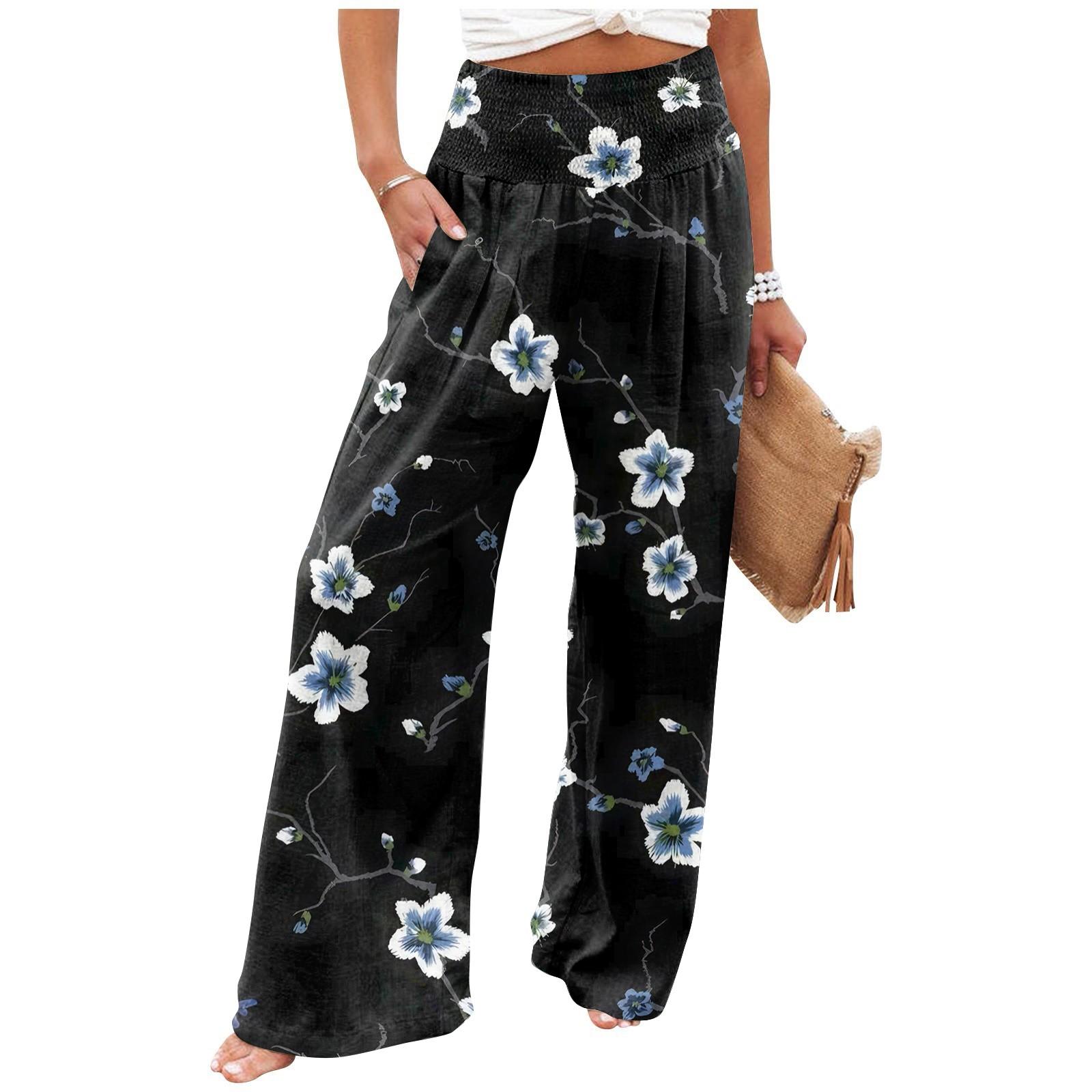 

Women s Summer Elastic Waist Floral Printed Cotton And Linen Loose Pants XL чёрный