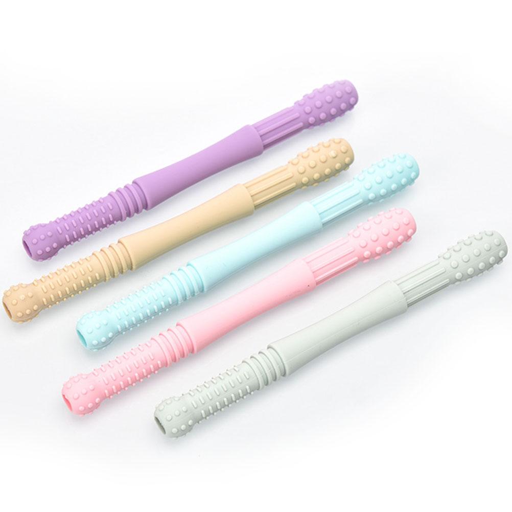 5 stk hule tennerør for babymyk silikonbitring Babybiteleker med rengjøringsbørste