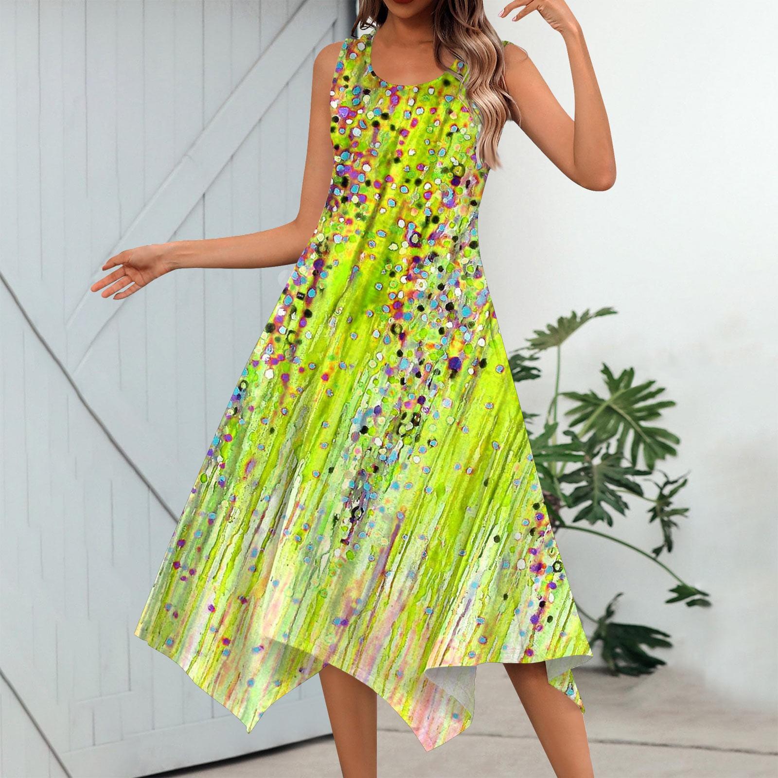 

Жіноча повсякденна модна сукня міді з круглим вирізом і квітковим принтом без рукавів із нерівним подолом XL жовтий