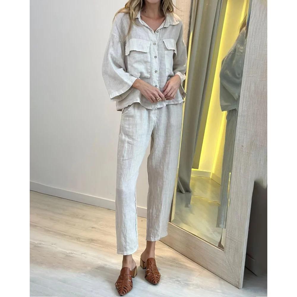 Summer New Women's Two-piece Shirt Set High-waisted Loose Nine-inch Pants