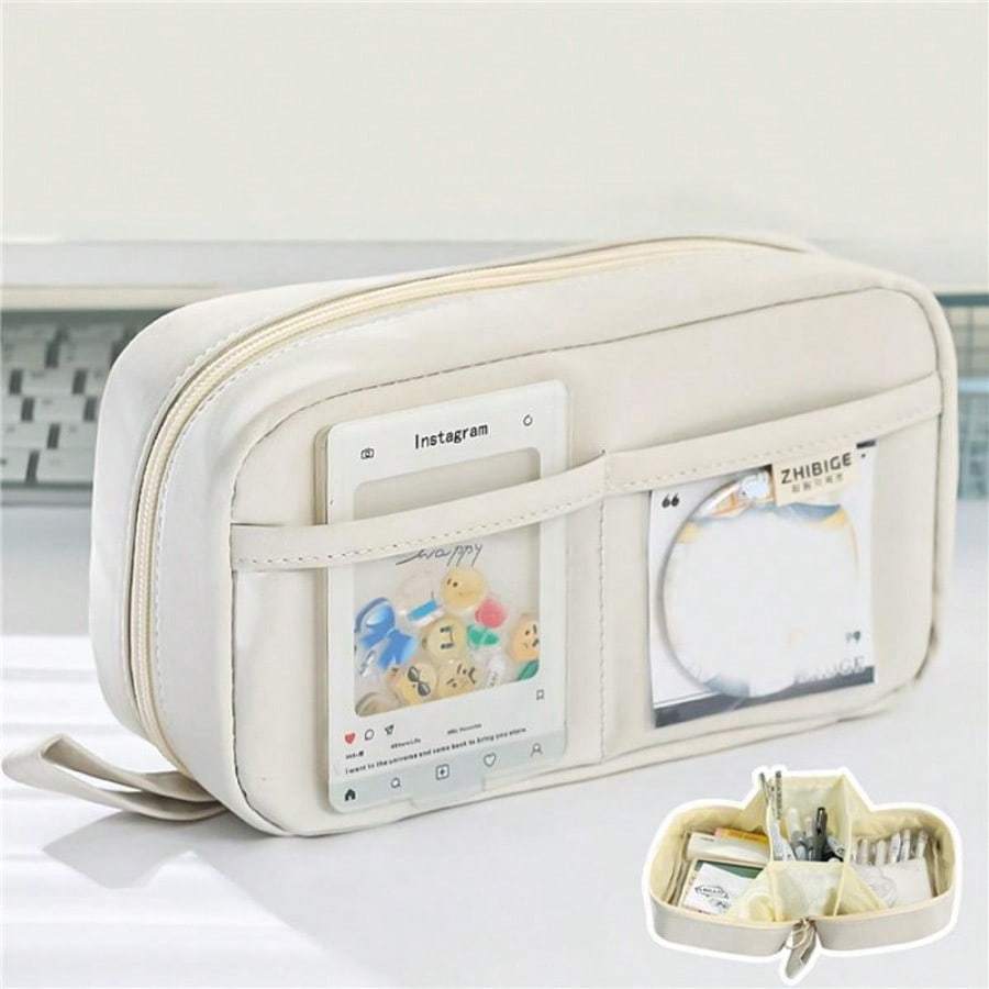 Large Capacity Pencil Case 3 Compartment Pouch Pen Bag Double Side Opening Student Stationery Organizer School Supplies