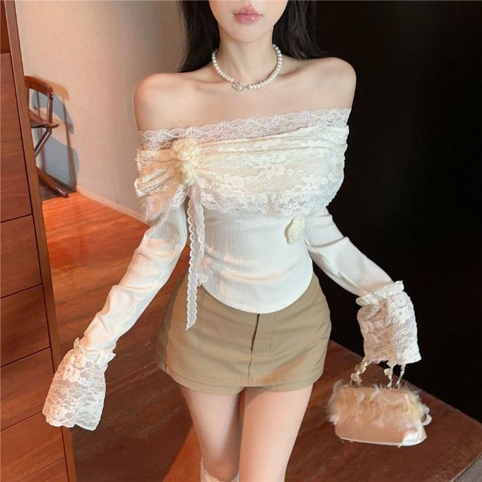 Корейский стиль, топ с одним плечом, кружевной цветочный, с длинным рукавом, стройнящий Large белый