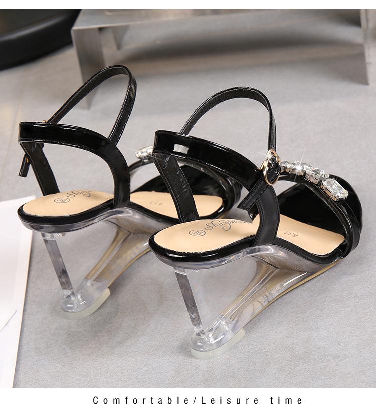 Rhinestone Versatile Slope Dámské letní sexy křišťálové průhledné klínové podpatky řady 1098 6cm LFD