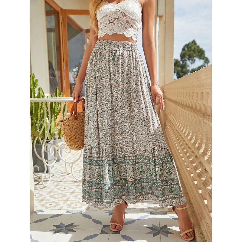 Bohemia Floral Single-Breasted Dress Seaside Cotton Silk