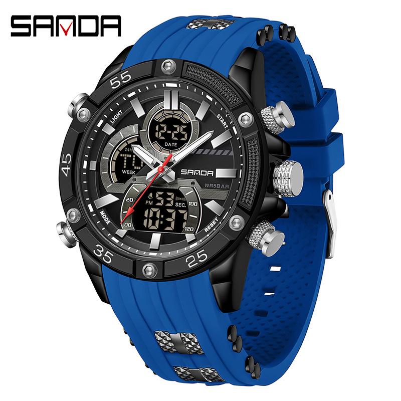Sanda Multi-Functional Dual Display Men s Sports Watch with Luminous Silicone Strap and Waterproof Alarm.