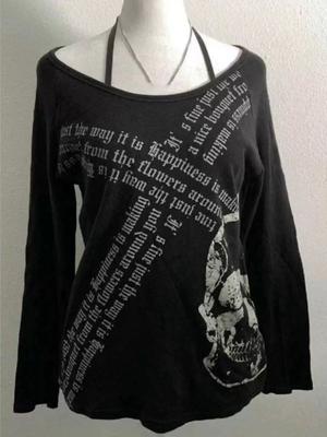 Dark Academia 2000s Retro Los T-shirt Dames Gothic Rock Punk Y2k Babes Tops High Street Doodshoofd Print Lange Mouw Casual Kleding