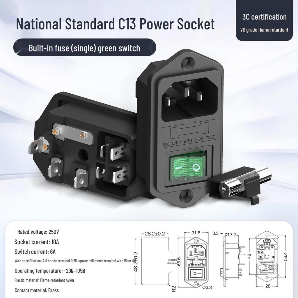 3-in-1 Type C Power Socket with Fuse, Switch, and 3-Pin Convex Surface, 10A/250V