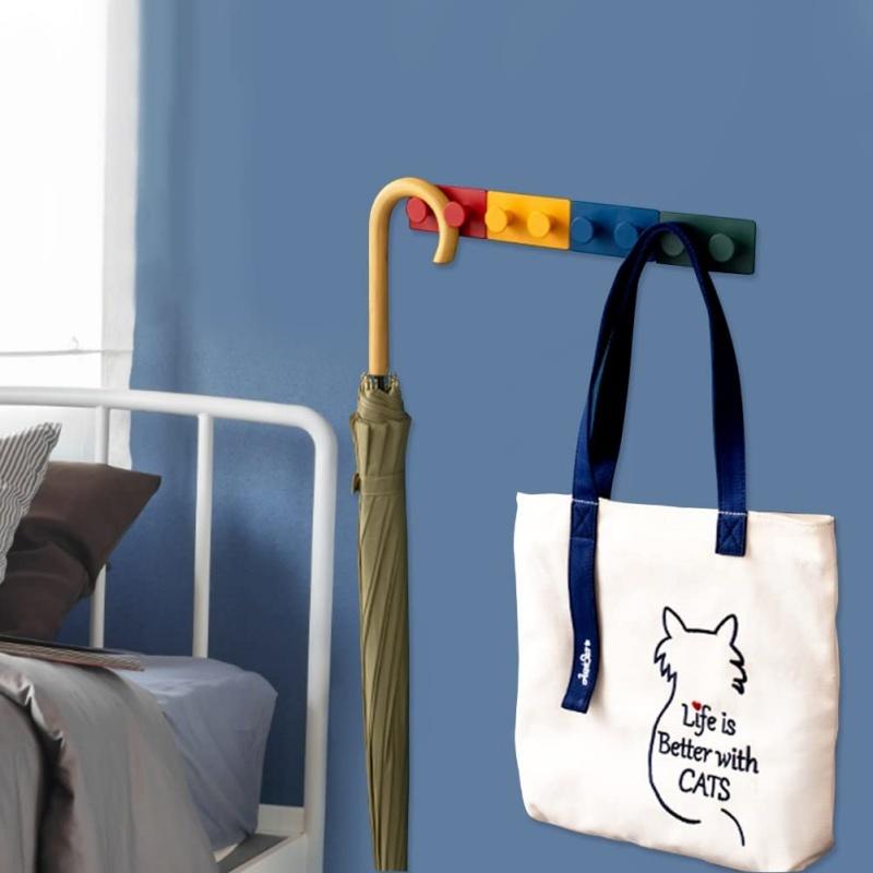 4 Pieces Colorful Building Block Small Hooks Heavy Duty Adhesive Wall Mounted Key Holder Seamless Hanging Hooks for Clothes Caps High Quality