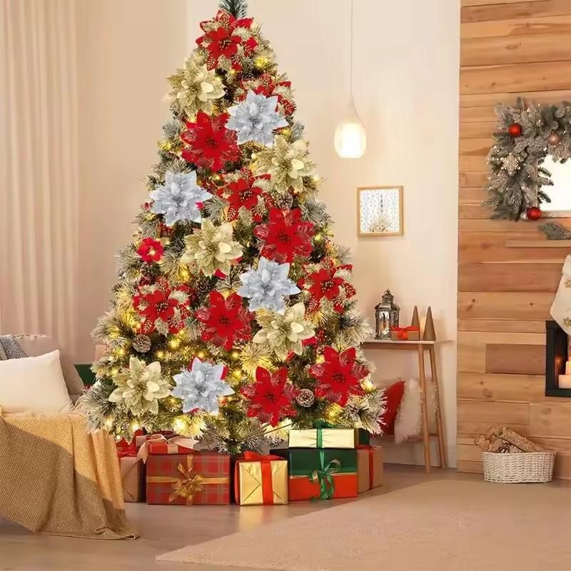 5Pcs Glitter Christmas Flowers Xmas Tree Ornaments Christmas Decorations for Home 2025 Navidad Noel Natal Gifts New Year 2025