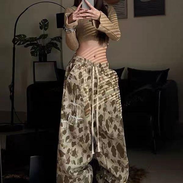 

Американські вінтажні камуфляжні штани-карго для жінок Літні повсякденні нішеві дизайнерські штани з високою посадкою та широкими штанинами XL хакі