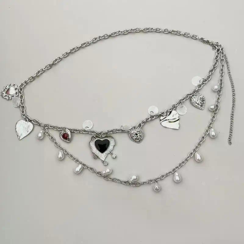 Double Layer Heart Pearl Waist Chain Vintage Silver Metal Belly Chain For Women Y2K Skirt Pants Accessory
