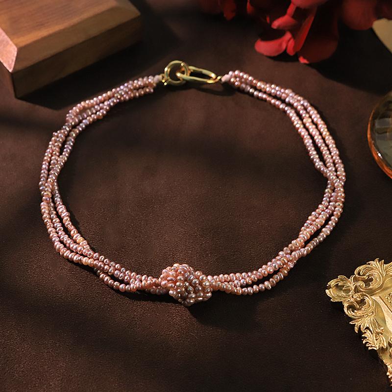 Natural Freshwater Pearl Knotted Necklace with Clasp for Women Wedding Bridal Purple Multi-Strand Pearl Choker Dainty Jewelry