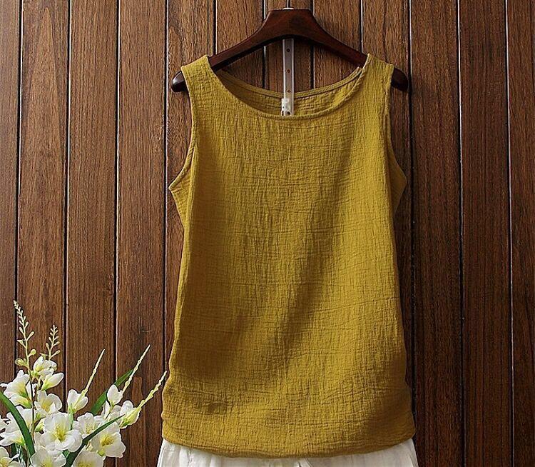 Spring/Summer Women's  Cotton and Hemp Vest T-shirt Loose Bottom Versatile Outer Sleeveless Solid Color Top