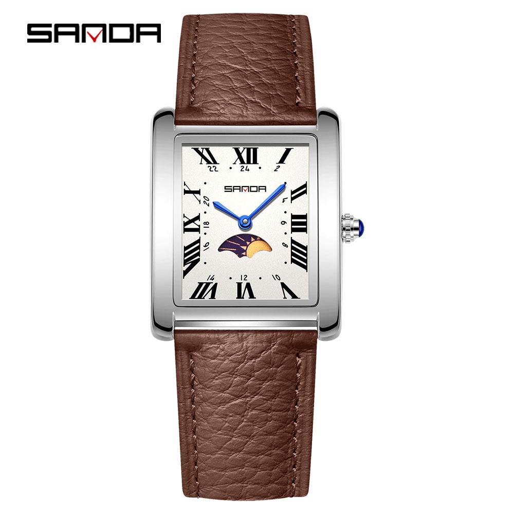 Sanda Women's Retro Quartz Waterproof Watch with Roman Numerals, Moon Phase, and Light Luxury Design - Square Model 9122.