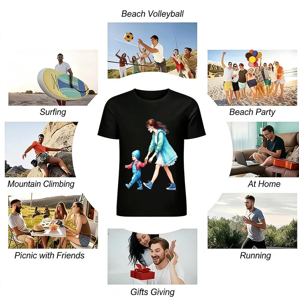 Mom And Toddler Holding Hands Print Casual Top Pure Cotton T-shirt