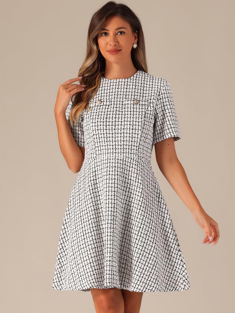 Allegra K Women's Short Sleeve Checked Tweed Dress with Zipper and Buttons, Casual Mini Dress, Apricot, Size L