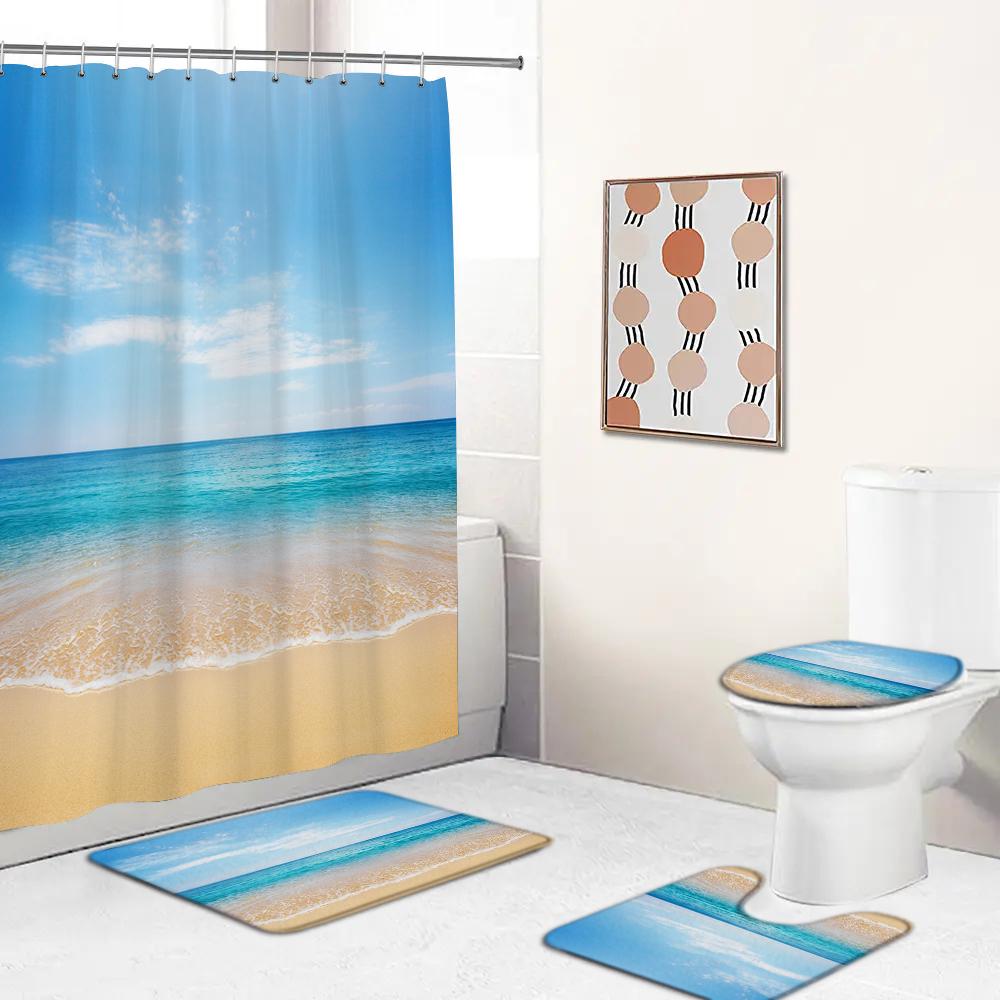 Seaside Scenic Beach Bath Curtain Sea Ocean Print Shower Curtains Bath Mat Set Polyester Waterproof Toilet Rugs Anti-Slip Carpet