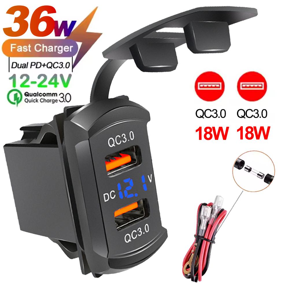 12V USB Rocker Switch 36W USB & PD Outlet Socket with LED Voltage Display 18W QC3.0 Charger for Cars Trucks Vans Boats RVs