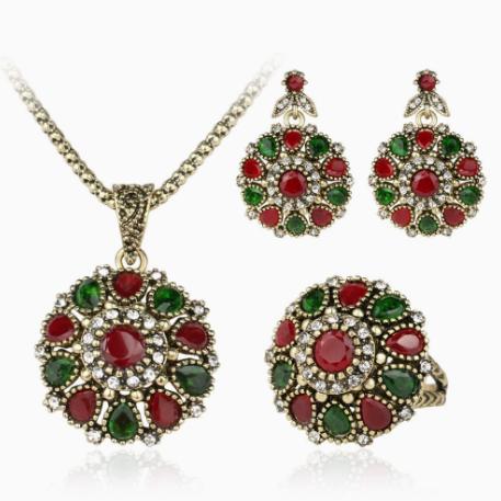 Vintage Stil Halskette Ring und Ohrringe Schmuckset mit aufwendigem Blumendesign und Multi-Edelstein-Akzenten für Damen und Mädchen