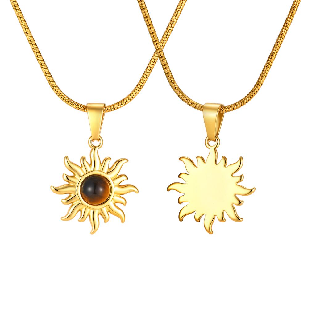 Fashion Sun Pendant Necklace for Women, Round Natural Tiger Eye Stone Stainless Steel Necklace, Exquisite Luxury Jewelry Gifts