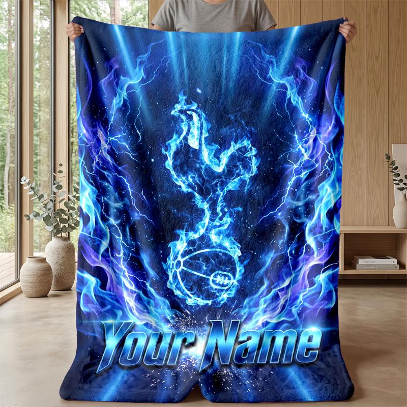 Tottenham Hotspur FC Custom Name Text Flannel Blanket Soccer Logo Personalized Fleece Throw Blanket Special Gift For Sofa Bedroom Home