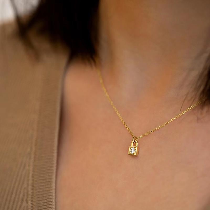 Huitan Gold Color Lock Pendant Necklace For Women Simple Stylish Elegant Accessories Minimalism Temperament Party Jewelry