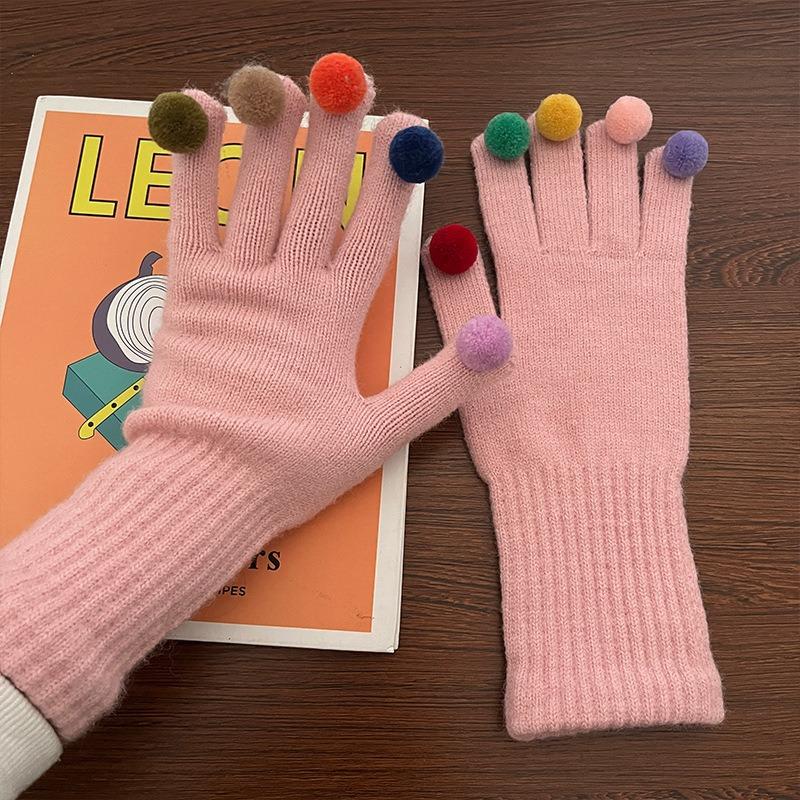 Cartoon Thermal Gloves Women Winter Thickened Cute Couple Student Cold Knitted Wool Riding Five Fingers