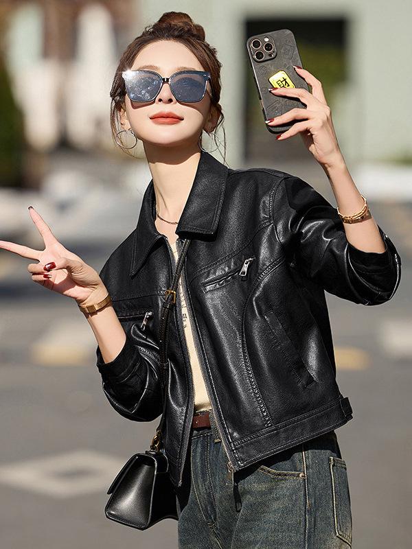 Women's Slim Fit Sheepskin Leather Jacket - Spring/Autumn 2025 Korean Style Petite Short Coat