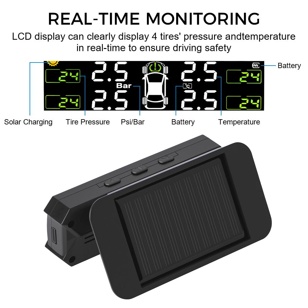 Reifendrucksensor Reifendruckkontrollsystem Solarenergie Auto Sicherheitsalarm Auto TPMS Temperaturwarnung 4 Interne Externe Sensoren
