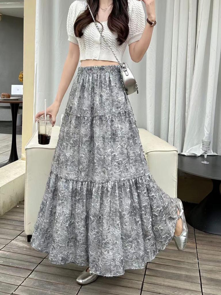 Women's Spring Floral Print Midi Skirt, A-line, Elastic Waist, Versatile, Slimming Design