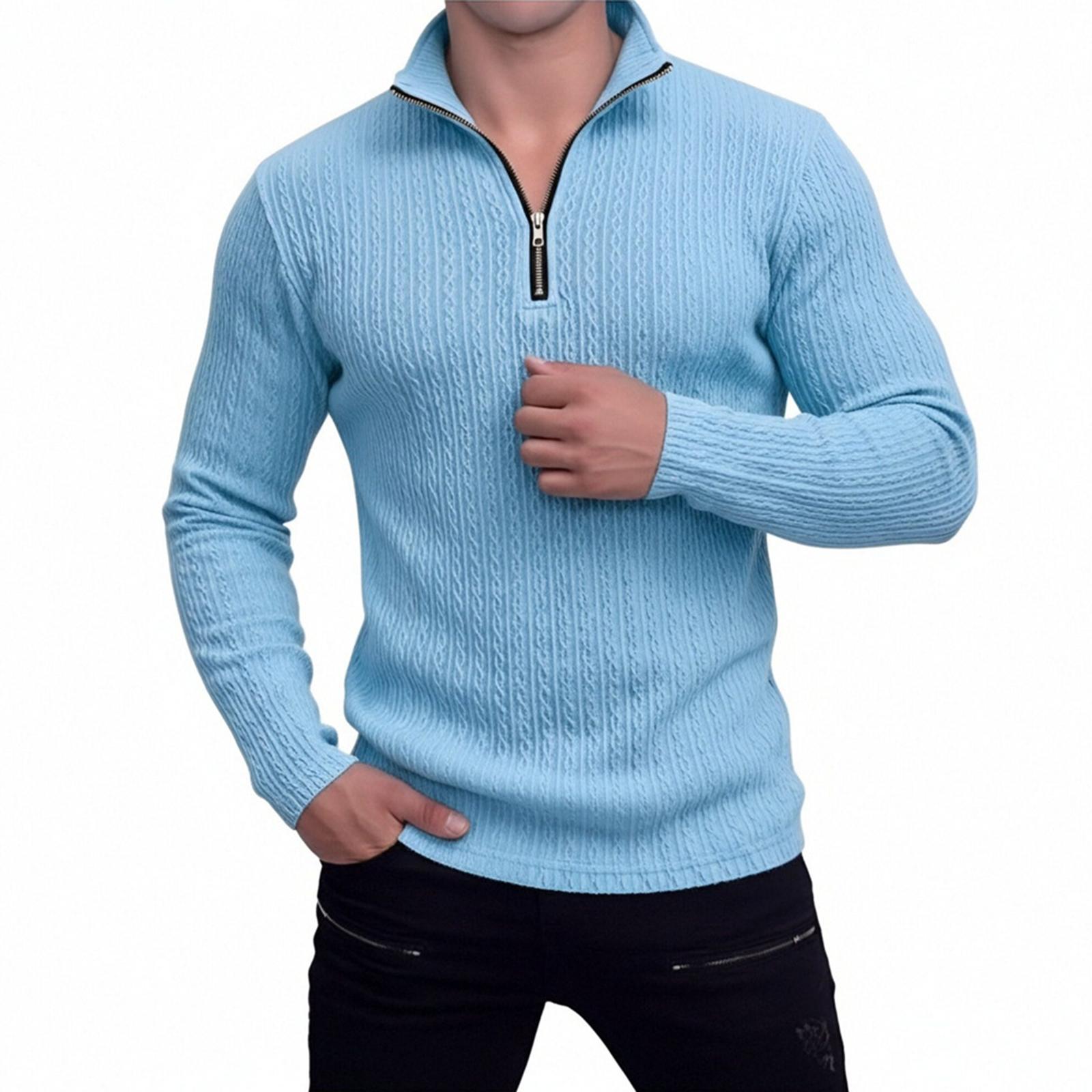 

Мужская повседневная рубашка с четвертью молнии, топ с длинным рукавом M синий