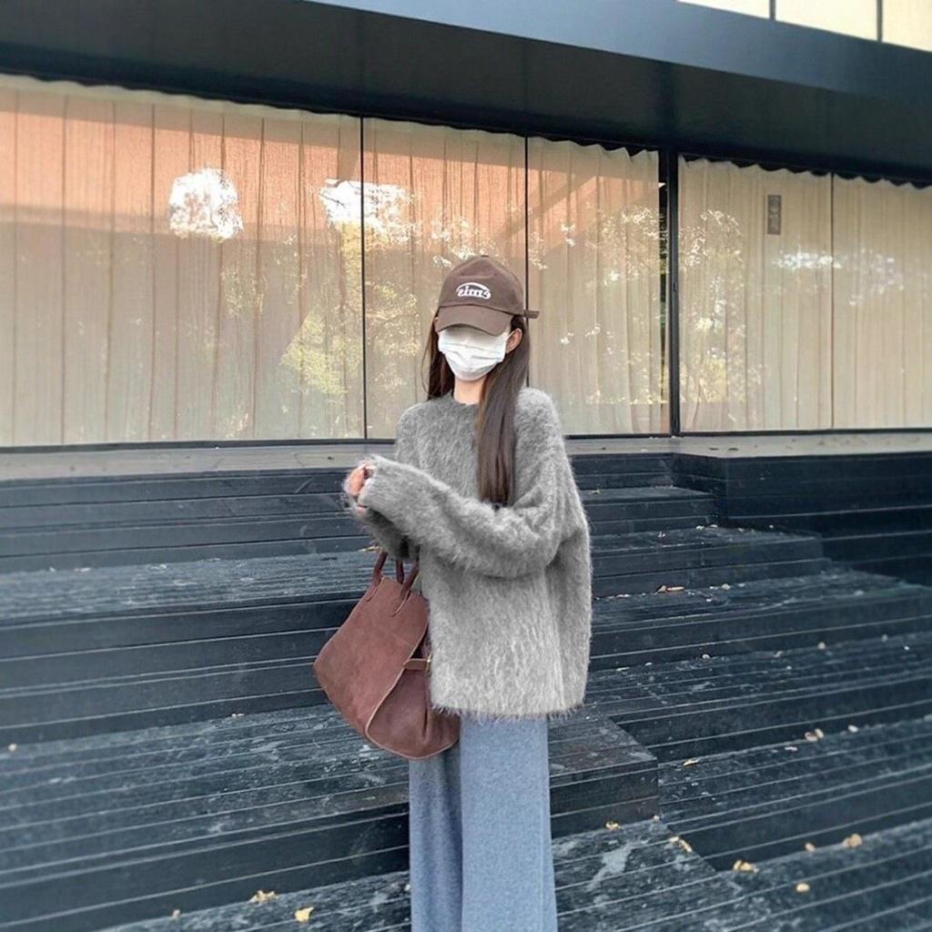 Women's Cozy Gray Imitation Mink Velvet Round Neck Sweater, Perfect for Autumn and Winter.