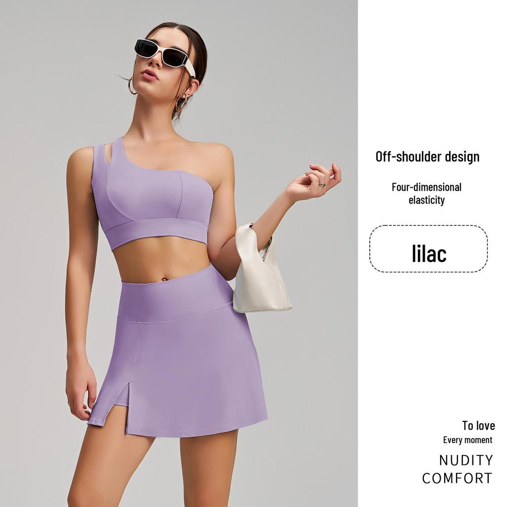 New Style Nude Feel One-Shoulder Yoga Set with High-Waisted Breathable Skirt for Tennis & Running