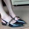 Fashion Hot Selling 2025 Spring Summer Style French Diamond Soft Leather Silver Pointed Head Back Empty Mary Jane Single Shoes Women's