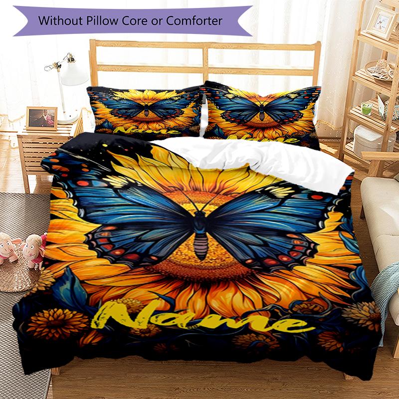 3pcs Custom Name Butterfly Bedding Set Duvet Cover Closure Includes 1 Duvet Cover & 2 Pillowcases, Soft and Comfortable for All Seasons.