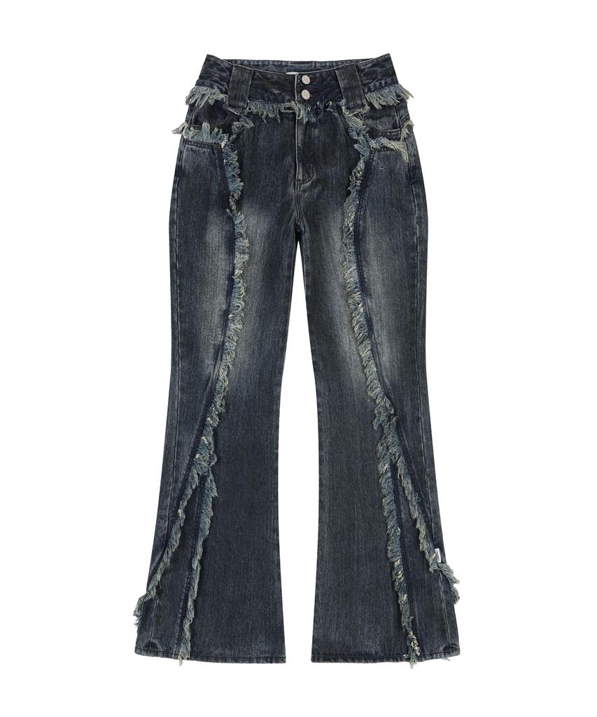 ORDINARY HOLIDAY Fringe Loose Boots Cut Pants [Blue]
