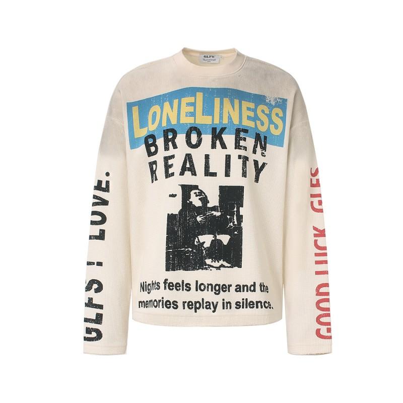 2026 Mens Long Sleeve Sweatshirt American Street Style Vintage Distressed Waffle Knit Casual Top