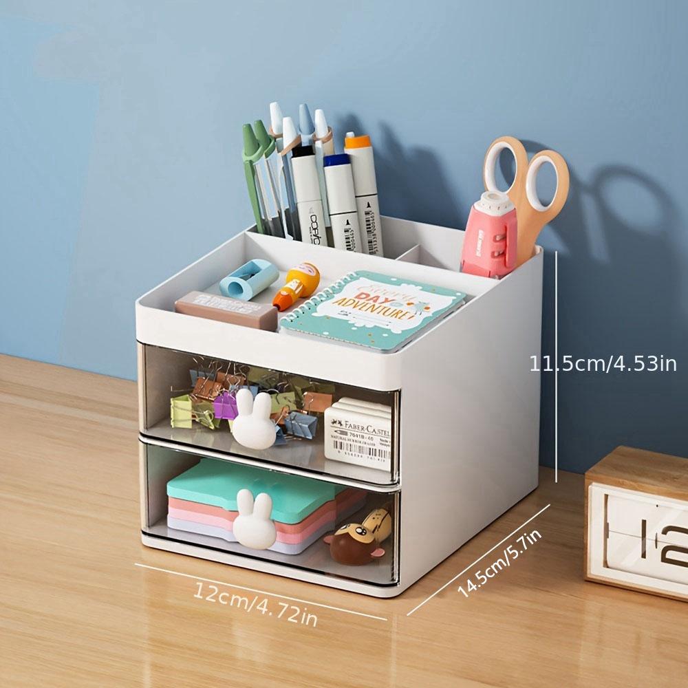 1PCS 2-laye Creative Pen Holder Transparent Drawer Rabbit Storage Box Children Girls Student Office Bedroom Desktop