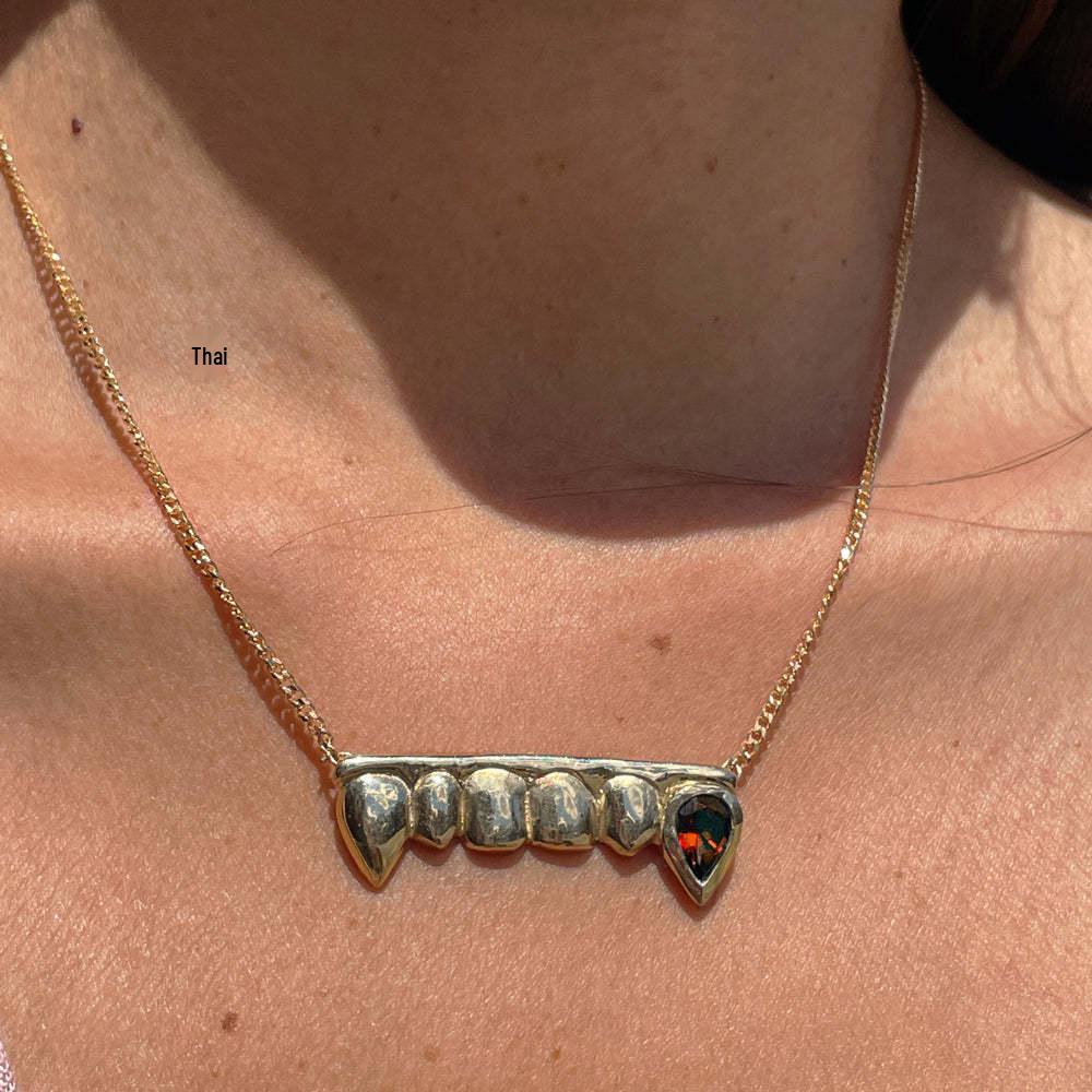 Gold-Plated Stainless Steel Fang Necklace with Zircon Water Drop Pendant Gold